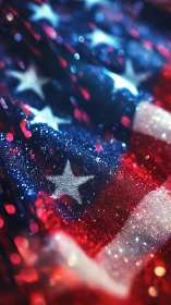 Glittering American flag shimmers in bold patriotic bokeh