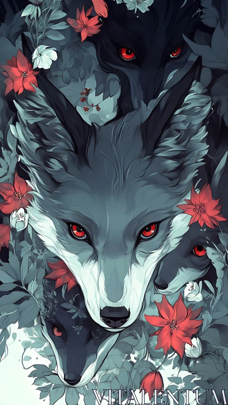 Multiple red-eyed wolves emerge from stylized floral foliage