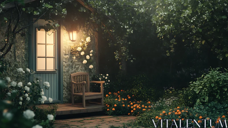 Warm cottage garden glows softly under a tranquil evening light