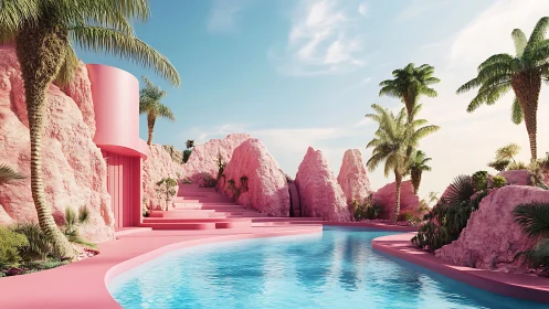 Pink cliffside pool with palm trees under clear sky.