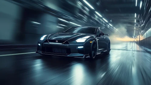 Sleek black supercar races through neon tunnel at speed.