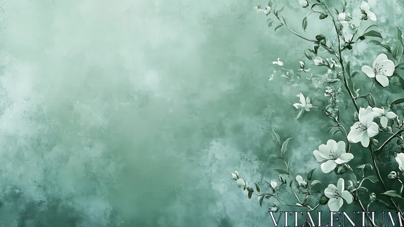 Soft teal floral branches on textured abstract backdrop.