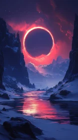 Luminous solar ring over glacial canyon with high chroma reflections