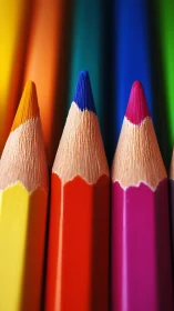 Colored pencil tips aligned in vertical macro close-up view