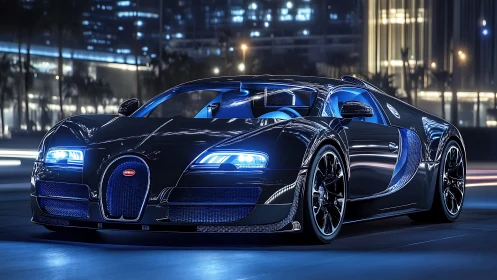 Black hypercar glides through neon city streets at night.