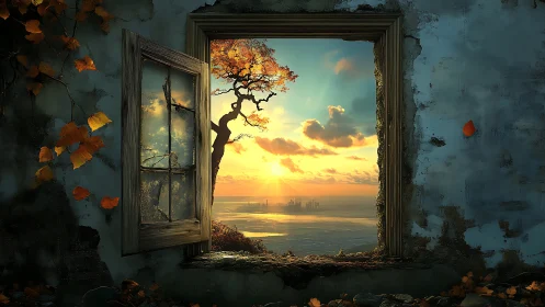 Decayed masonry aperture framing luminous littoral horizon.