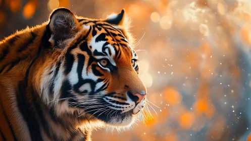 Tiger portrait glows under warm bokeh forest light.