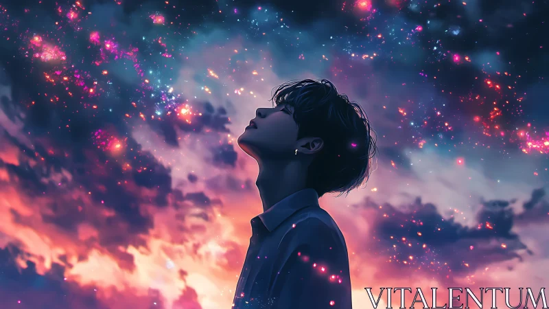 Silhouetted person looks upward beneath vivid cosmic sky