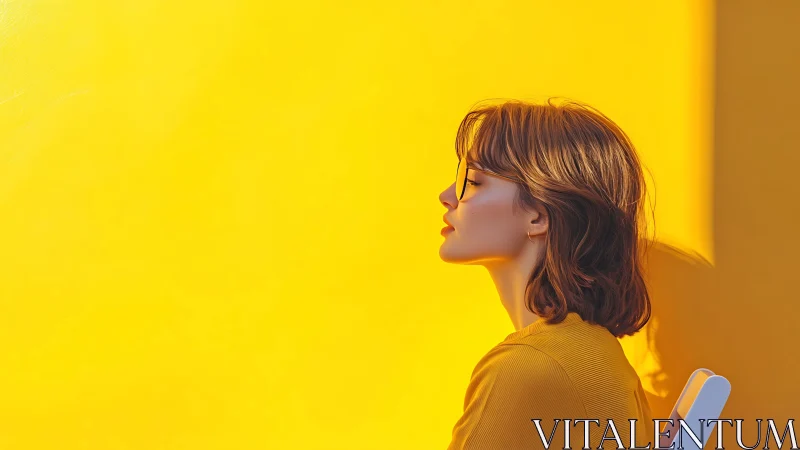 Woman in Glasses Sitting Against Bright Yellow Wall, Minimalist Style.