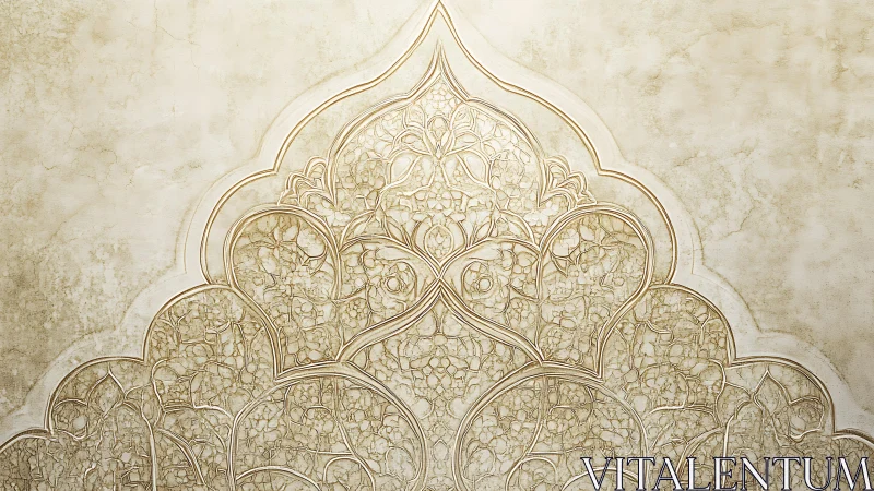 Ornate arabesque arch rises in delicate carved relief.