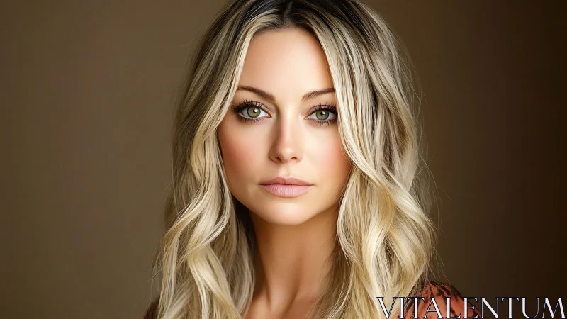 Soft-lit portrait captures serene blonde woman’s calm gaze.