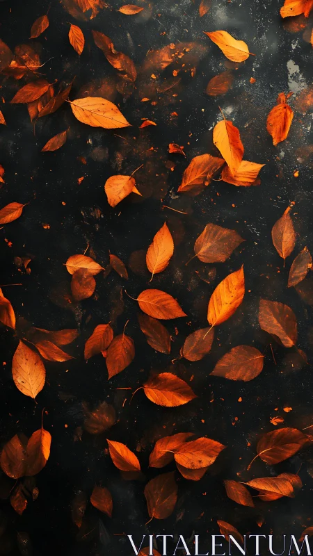 Gentle drift of autumn leaves over inky water canvas.