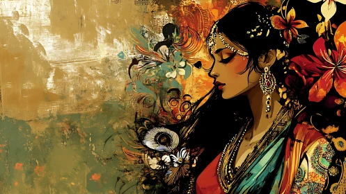 Profile portrait of adorned woman in floral abstract field.