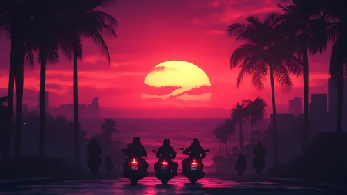 Motorcyclists travel toward coastal horizon under stylized sunset