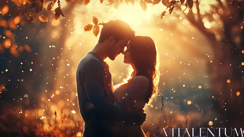 Couple Embracing in Golden Autumn Light and Falling Leaves