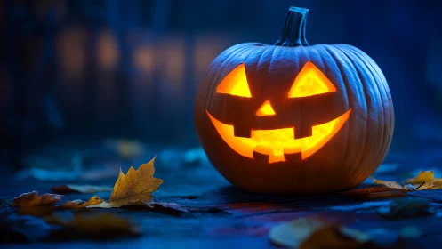 Luminous jack o’lantern on wet boards under cool nocturnal backlight.
