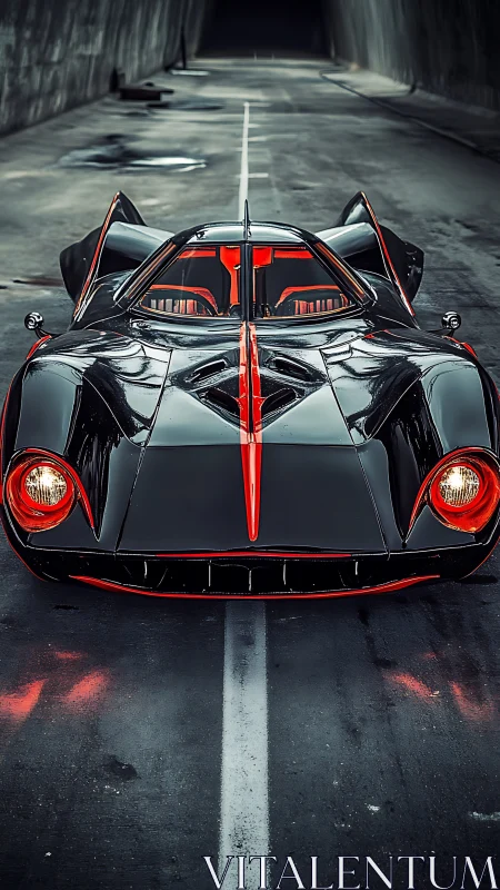 Futuristic black supercar glows with neon red accents.