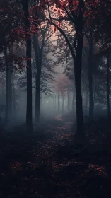 Misty Autumn Forest Path Through Towering Trees.