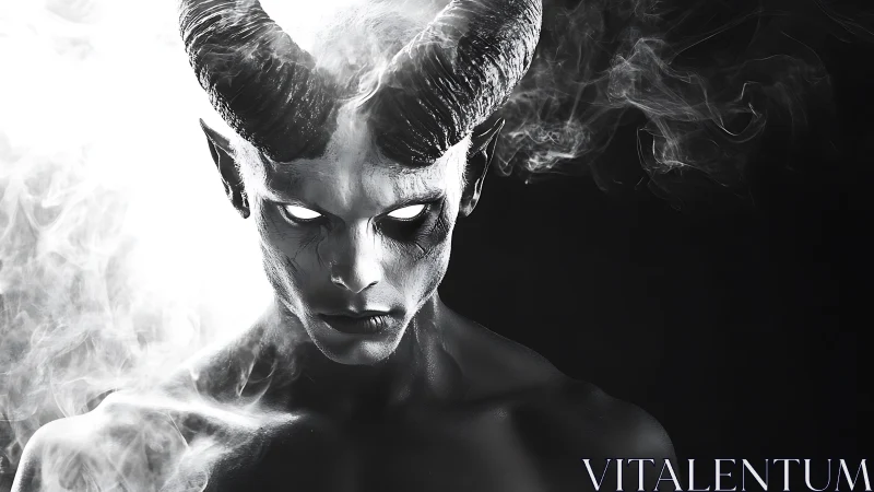 Horned humanoid figure with glowing eyes in dense smoke.