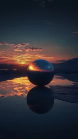 Reflective metallic sphere occupies shoreline pool at sunset