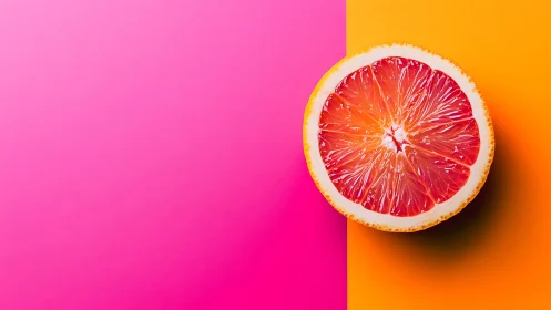Halved grapefruit on dual-tone magenta and orange backdrop
