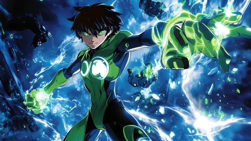 Energetic anime hero channeling luminous green plasma constructs.