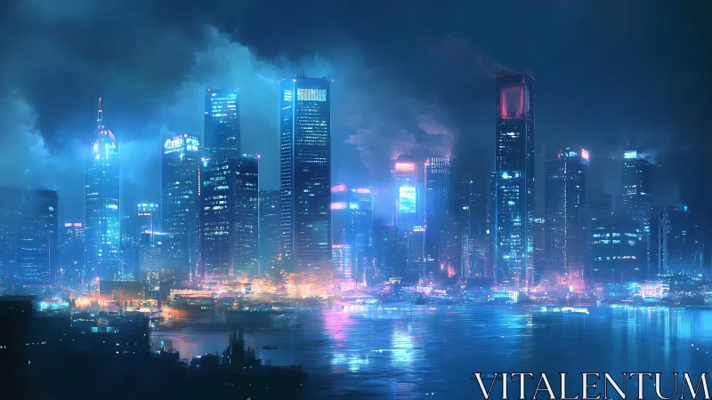 Neon skyline reflects across misted cyberpunk harbor
