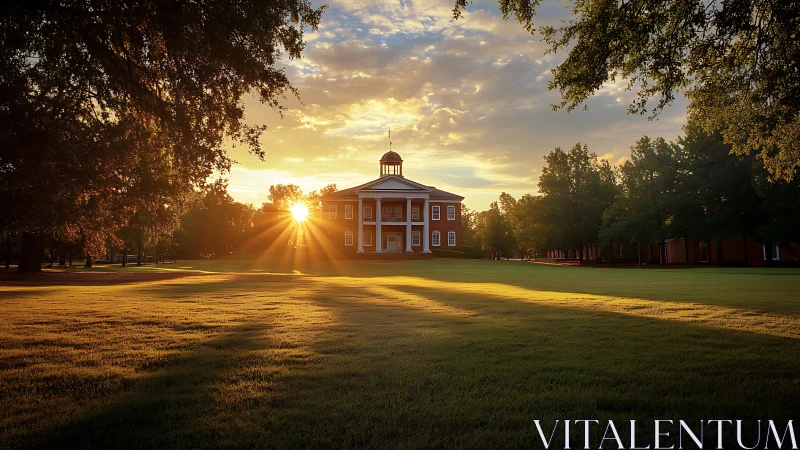 Neoclassical campus hall at sunrise in symmetrical landscape design.