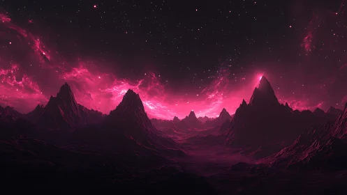 Neon magenta alien mountain range under dense star field