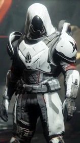 Armored sci-fi sentinel stands in white hooded tactical exosuit