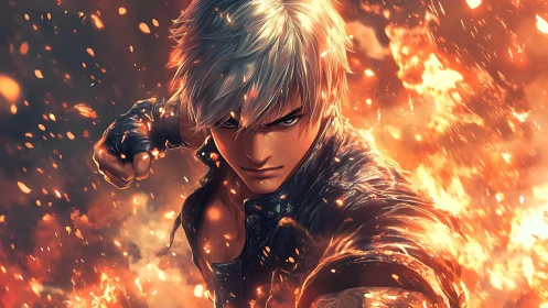 Fierce silver-haired hero racing through swirling firestorm.