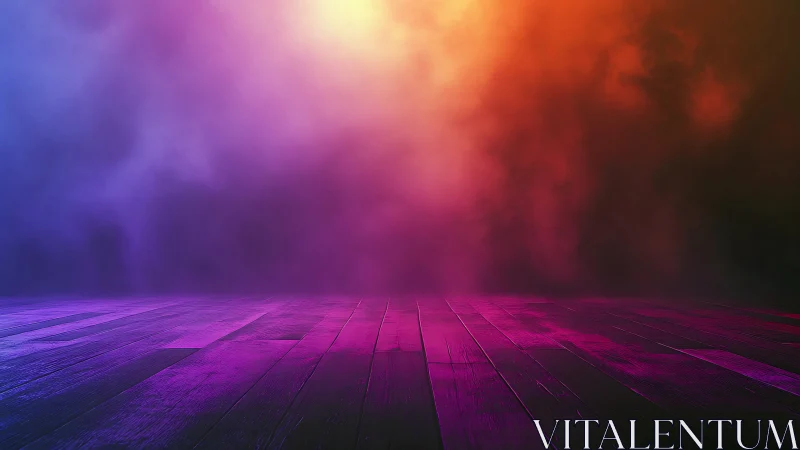Gradient-lit empty wooden stage with dense colored fog backdrop