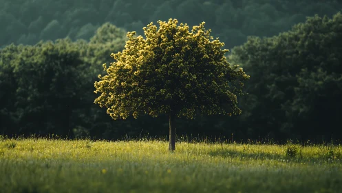 Solitary flowering tree rendered in high-contrast telephoto light