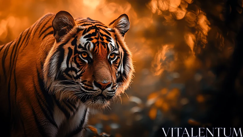 Majestic tiger portrait under dramatic sunset glow.