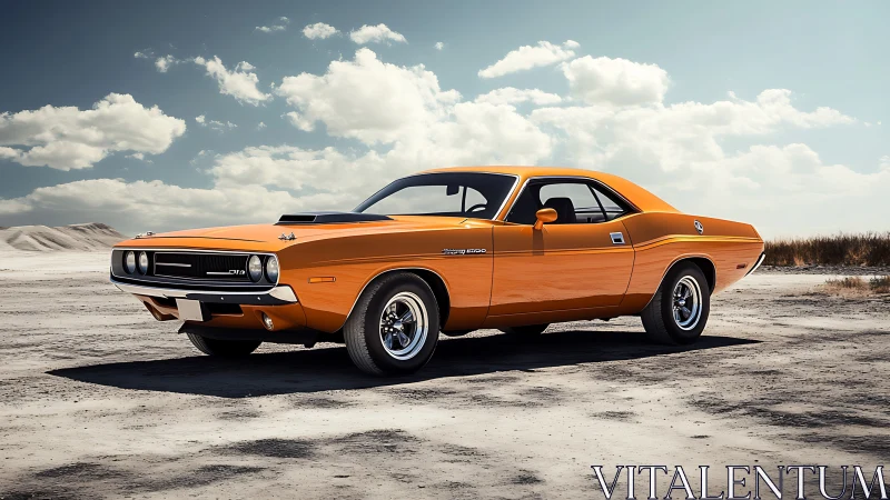 Bold orange muscle car stands poised on a sunlit desert plain.
