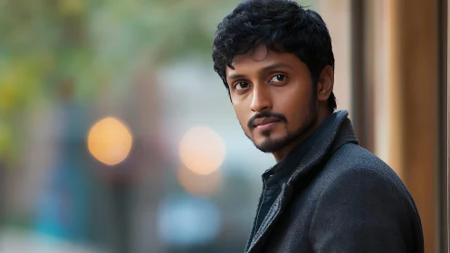 Man in dark coat in urban outdoor portrait at dusk.