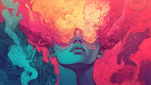 Dreamy figure bathed in swirling neon clouds of imagination.