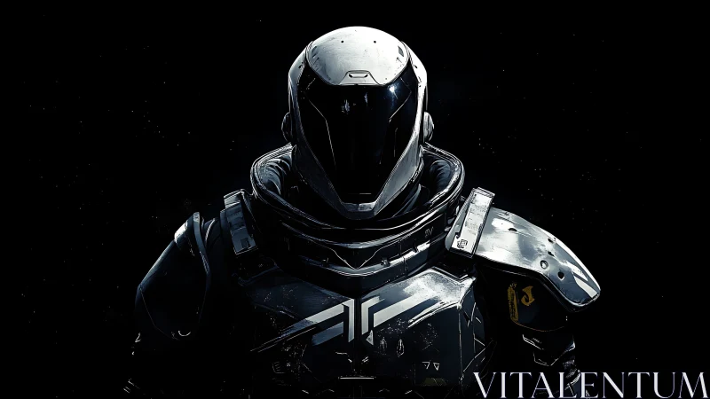 Armored space soldier stands alone in deep cosmic shadow.