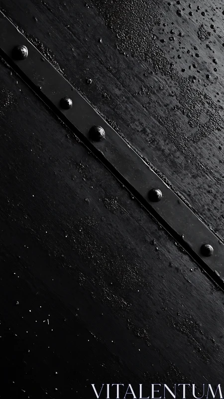 Diagonal riveted steel strip across wet textured metal plane