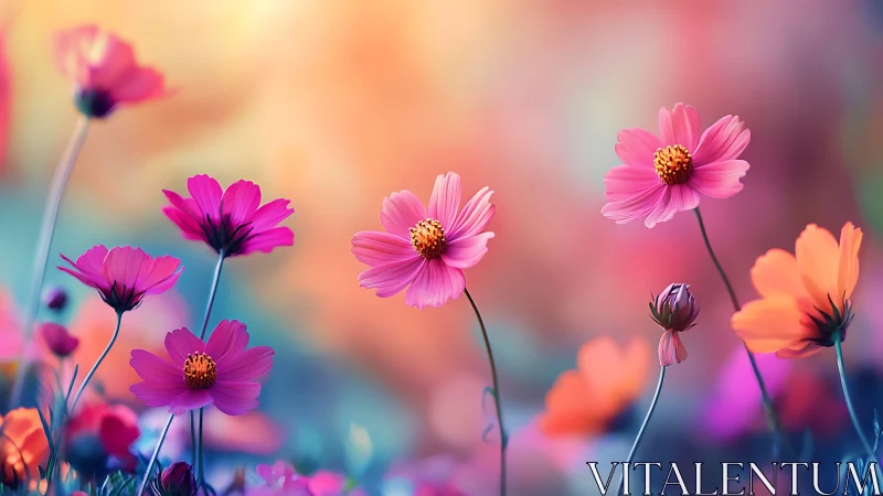 Cosmos Flowers in Soft Focus Depth. Pink and Orange Petals.
