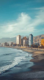 High-rise coastal city skyline along wide sandy beach.
