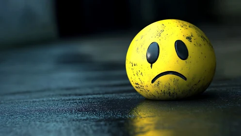 Melancholy smiley marooned on a rain-dark urban street.