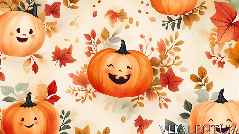 Smiling cartoon pumpkins repeat across soft autumn foliage field