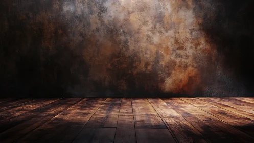 Empty rustic room with textured wall and wooden floor.