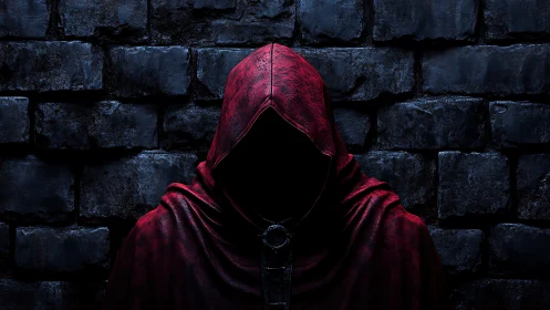 Hooded figure in red cloak stands before dark stone wall