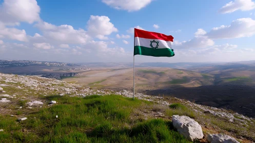 Tricolor flag with star emblem on windswept plateau overlook.
