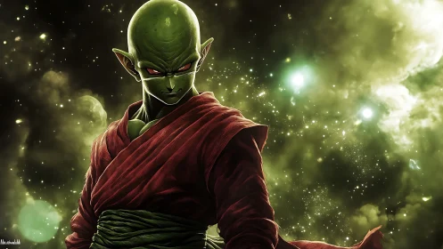 Planetary warrior silhouette amid luminous nebular ionization.