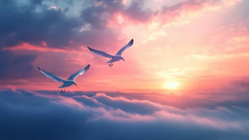 Two seagulls in flight over cloud layer at sunset sky.