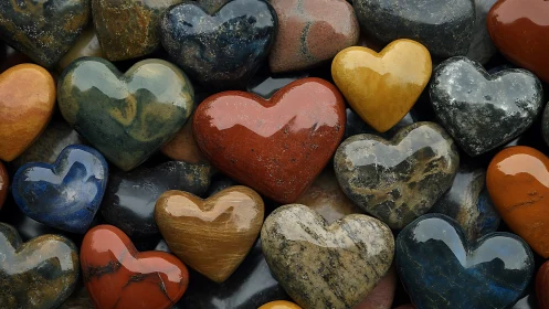 Polished stone heart sculptures in varied mineral colors