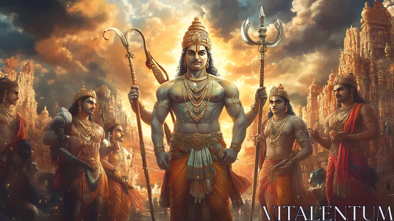 Divine warrior leader stands before ancient temple city